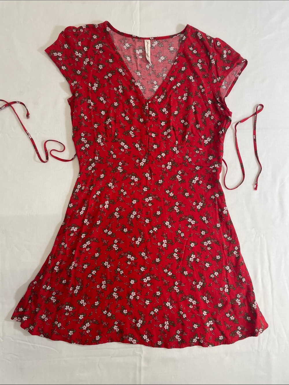 Sabrina Carpenter Floral Red V-Neck Mini tie waist V-neck Dress 90s Festival M
